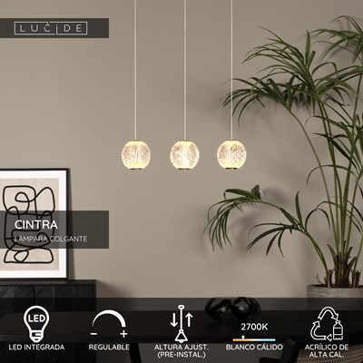 Lucide CINTRA - Lámpara colgante - LED Regul. - 3x4,7W 2700K - Transparente